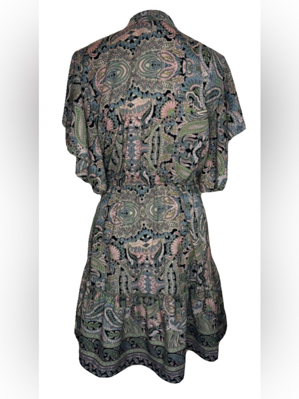 Boho Paisley Mini Dress Tassel Tie Anthropologie Style Flutter Sleeve M - Picture 3 of 6